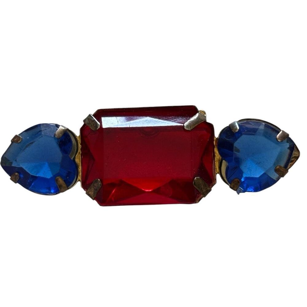 Vintage Brooch Red Blue Rhinestone Gold Tone Bar Pin Art Deco Chunky mcm